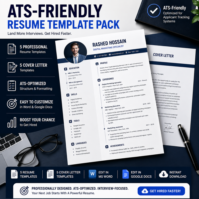 ATS Resume & Cover Letter Template Pack — 5 Designs + LinkedIn Kit