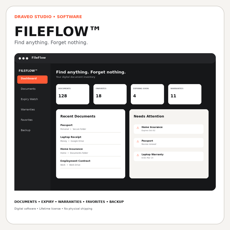 FileFlow™ | Digital Document Organizer & Expiry Tracker