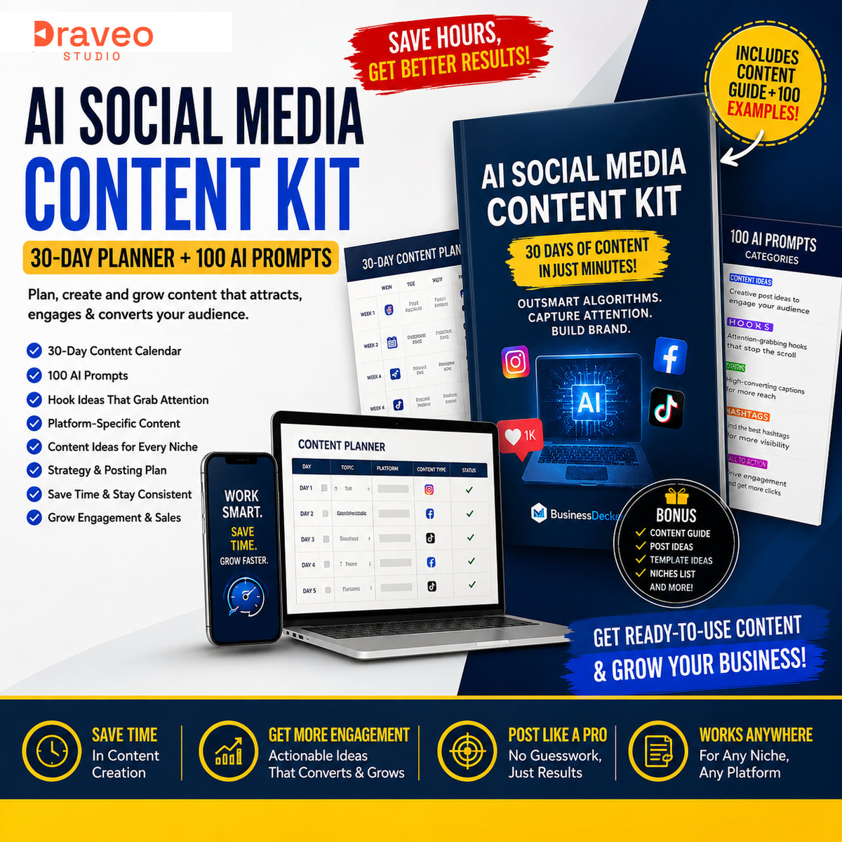 AI Social Media Content Kit — 30-Day Planner + 100 AI Prompts