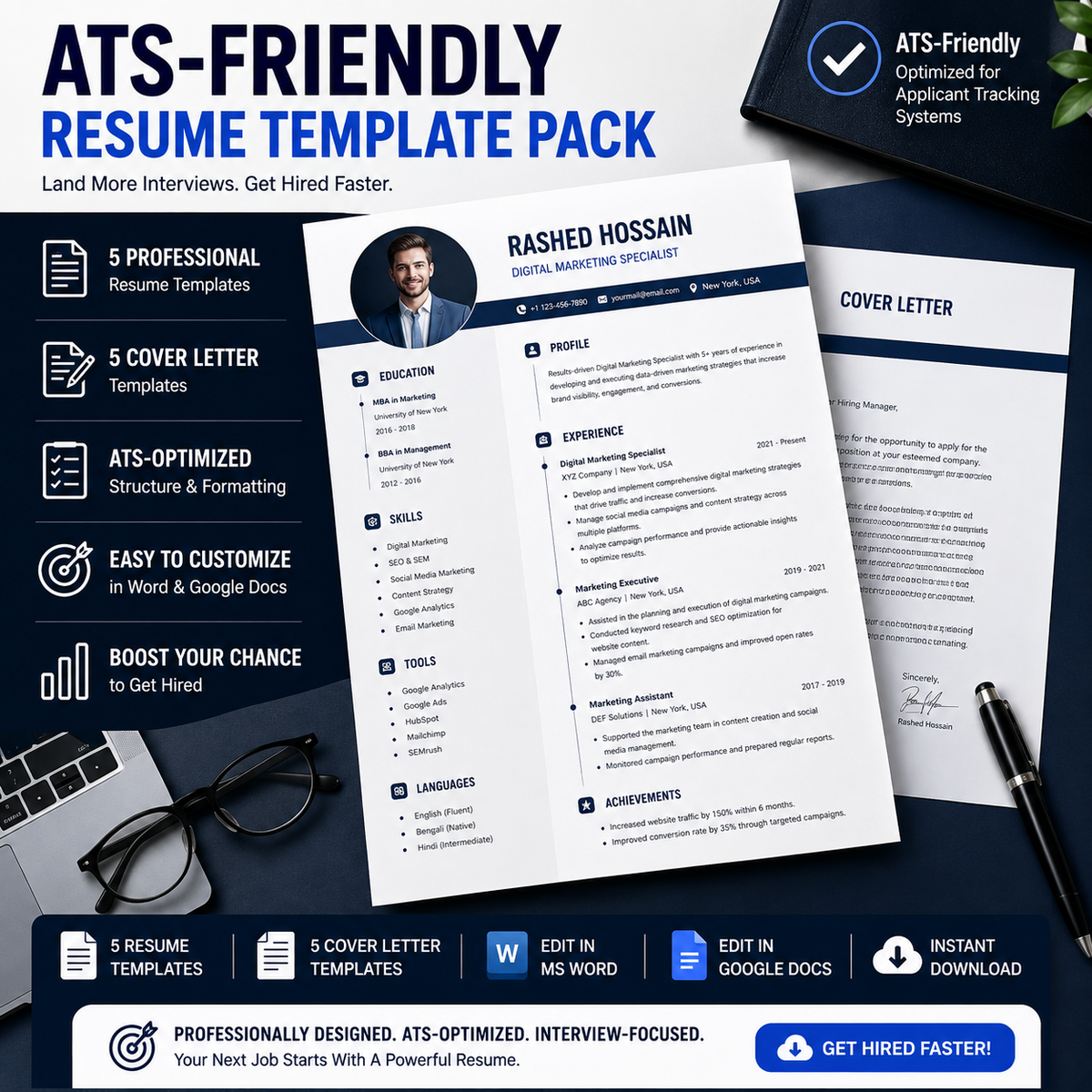 ATS Resume & Cover Letter Template Pack — 5 Designs + LinkedIn Kit