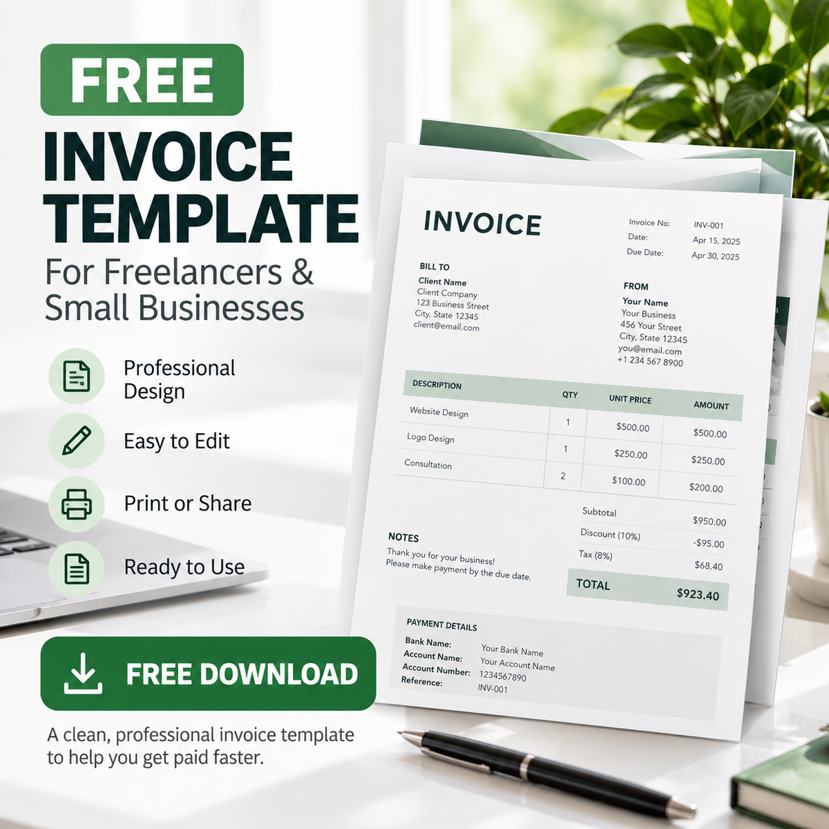 Free professional invoice template preview for freelancers and small businesses