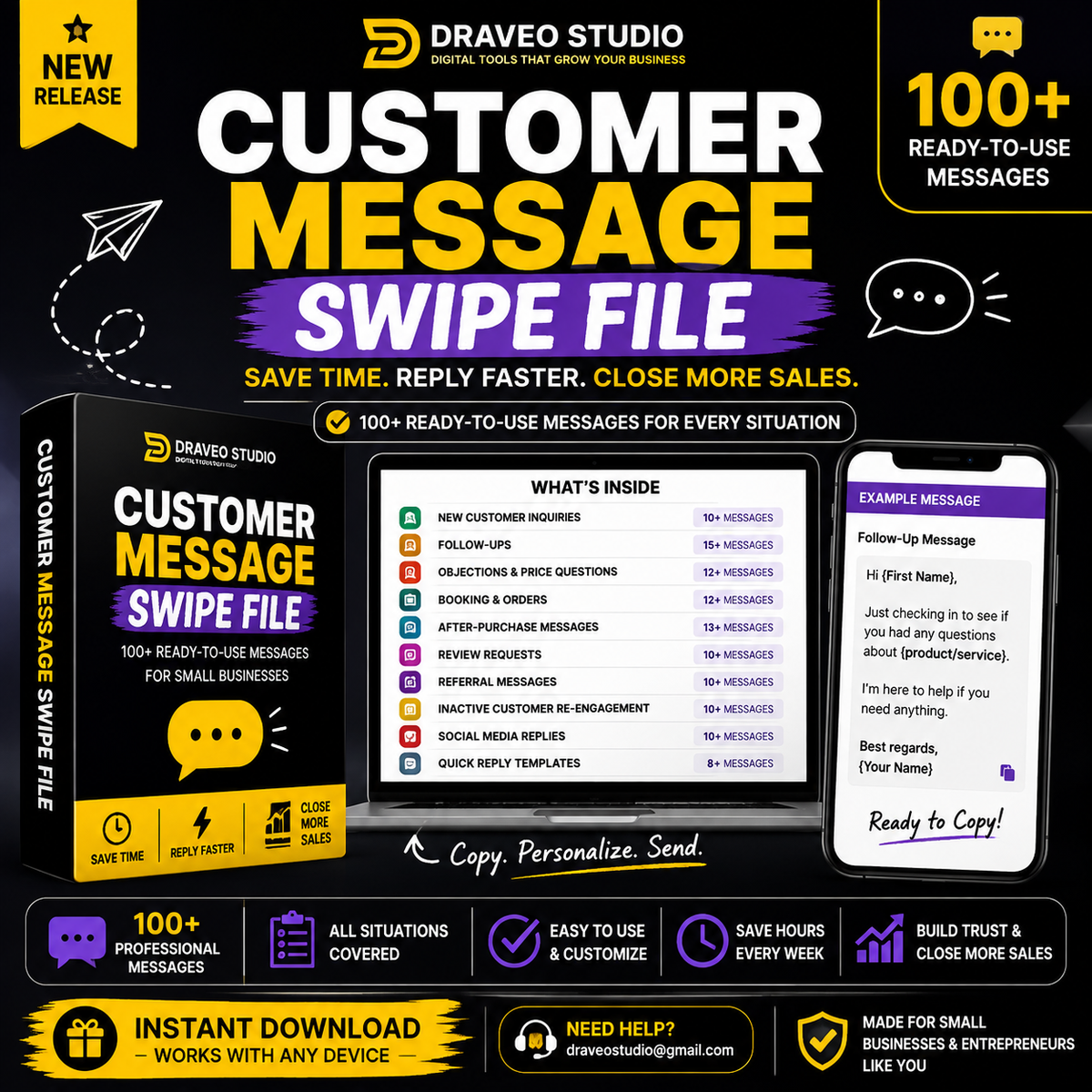Draveo Studio Customer Message Swipe File — 100+ ready-to-use customer messages