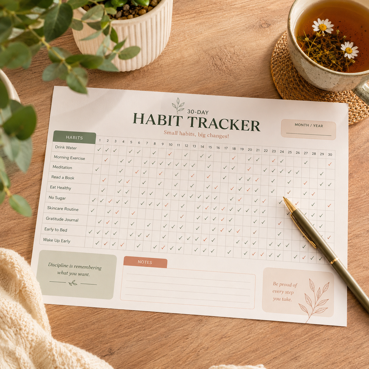 30-day habit and wellness tracker system